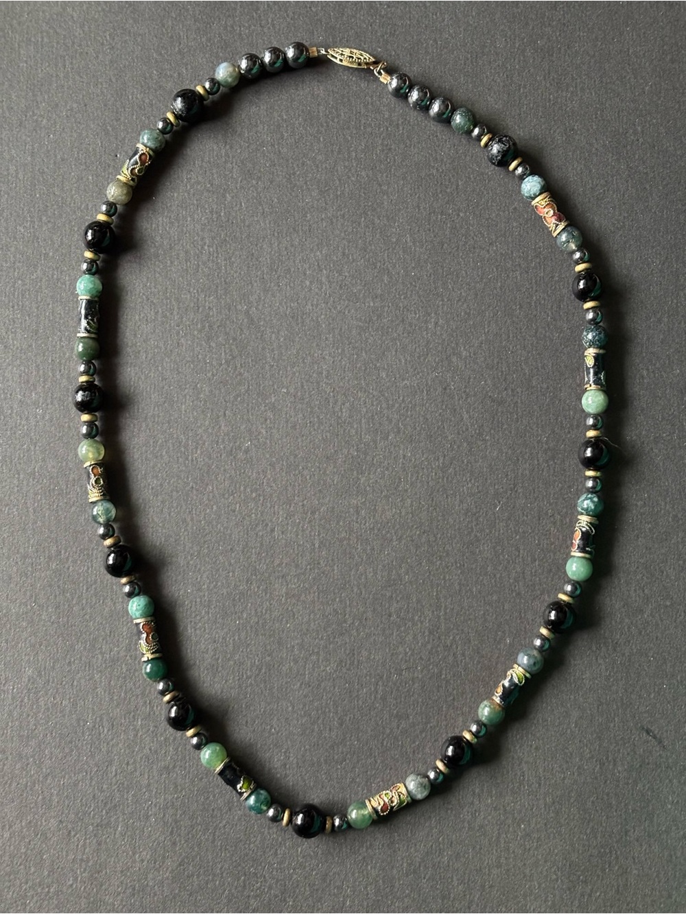 Vintage Jade Onyx Hematite Necklace | Cloisonné Bead Gold Clasp | 18 IN